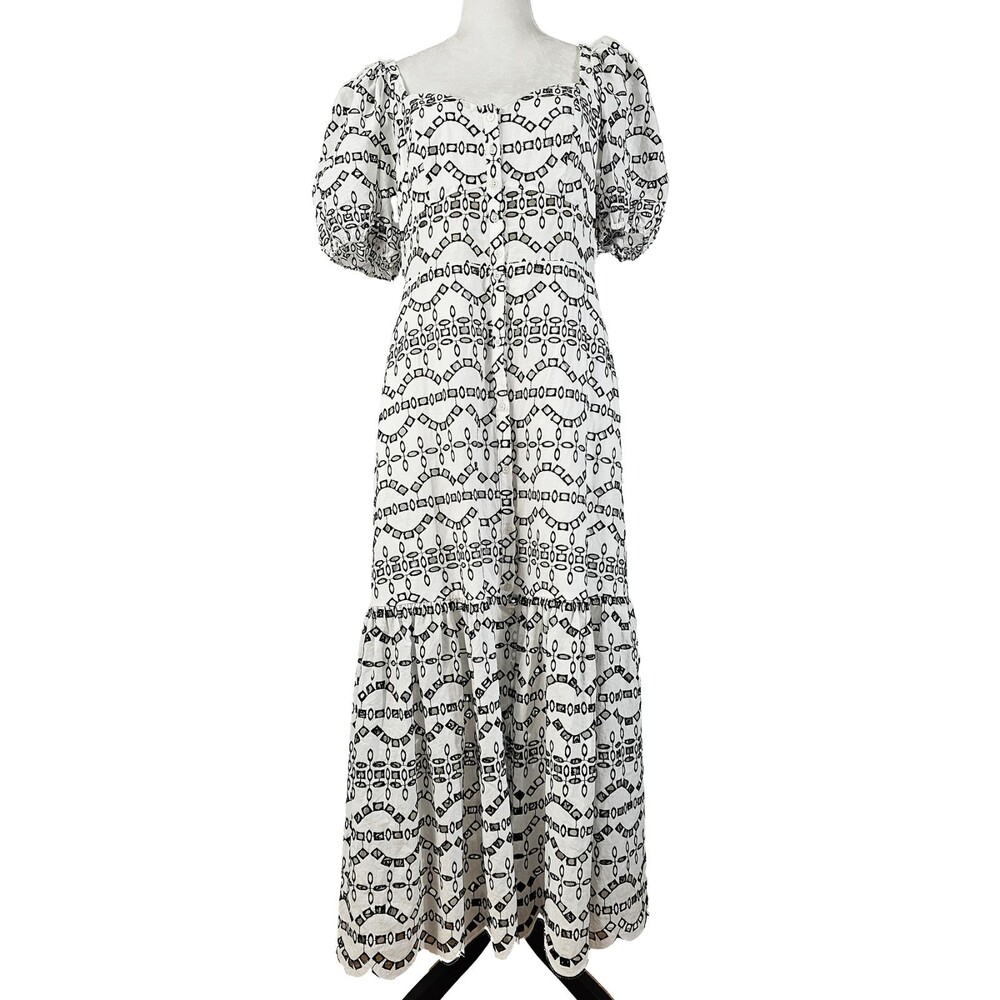 Express Large Black Whites Eyelet Puff  Sleeve Button  Front Tiered Maxi Dress